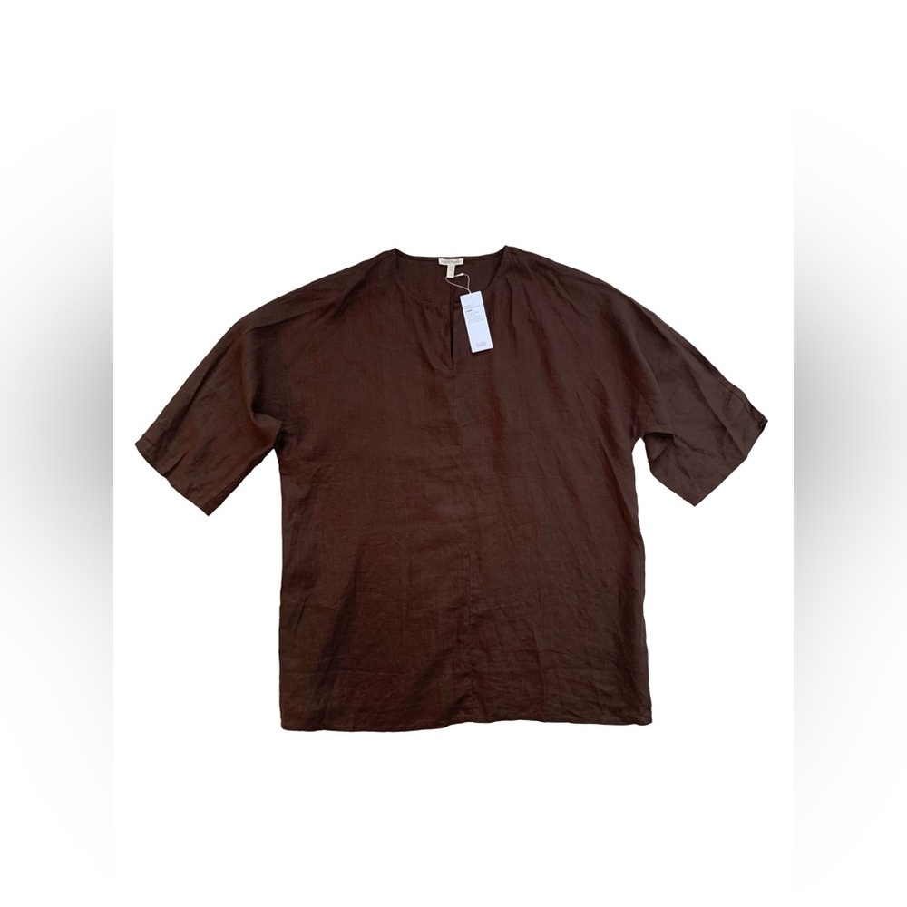 Eileen Fisher NWT Women’s Size Large, L Split Neck Linen Tunic Top Brown Cocoa